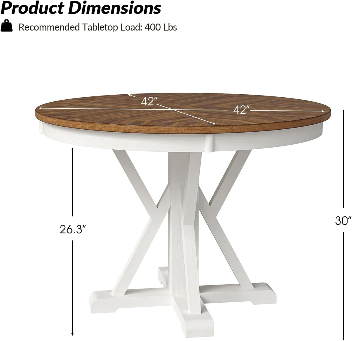 HULALA HOME Round Dining Table for 4, 42" Rustic Farmhouse Pedestal Table with White Brushed Finish, Solid Rubberwood Base(White)