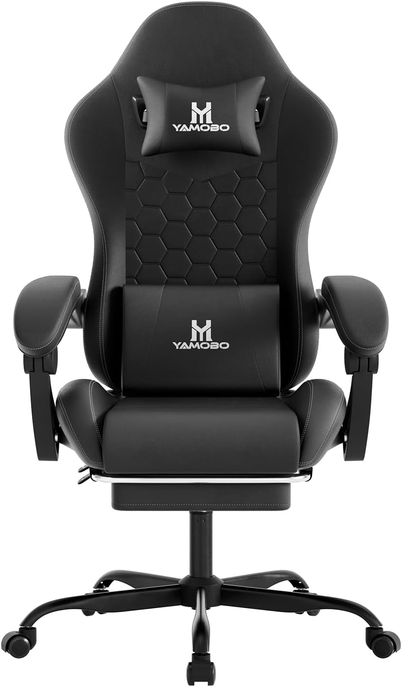 Gaming Chair, Computer Office Chair with Footrest, Adjustable Height & Backrest Gaming Chairs with Swivel for Adults, High Back PU Leather Ergonomic Chair with Lumbar Support, Black