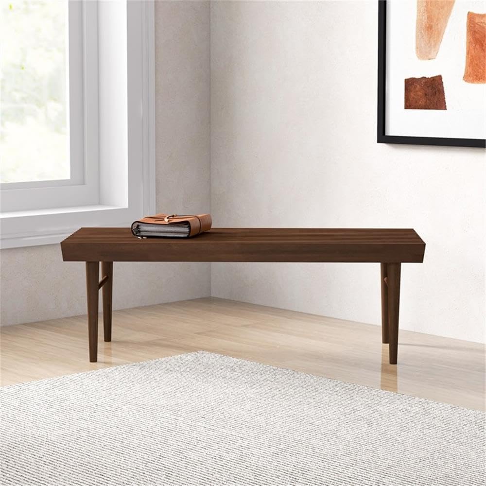 Pemberly Row 47" Mid Century Modern Rectangle Felicity Brown Teak Wood Bench Seat for Living Room, Dining Room, Bedroom, Entrance, Hallway, in Walnut Finish