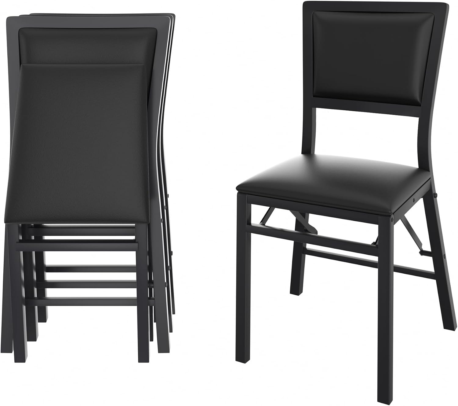 VECELO Folding Dining Chairs Set of 4, Metal Padded Foldable Seating with Comfortable Faux Leather, Space-Saving Portable Guest Seats for Kitchen & Office, No Assembly, Black