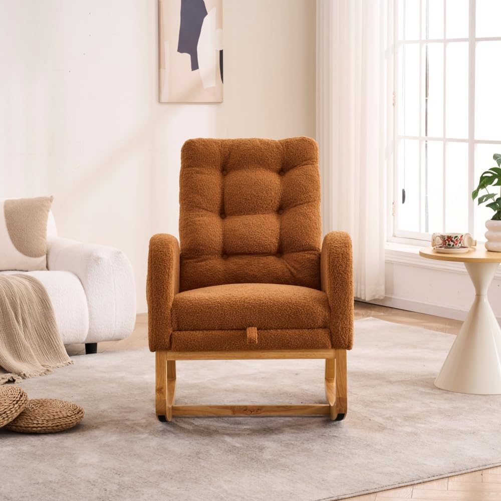 Accent Rocking Chair with Footrest High Back Rubber Wood Rocking Legs Bedroom Living Space (Caramel + Teddy + Foam)