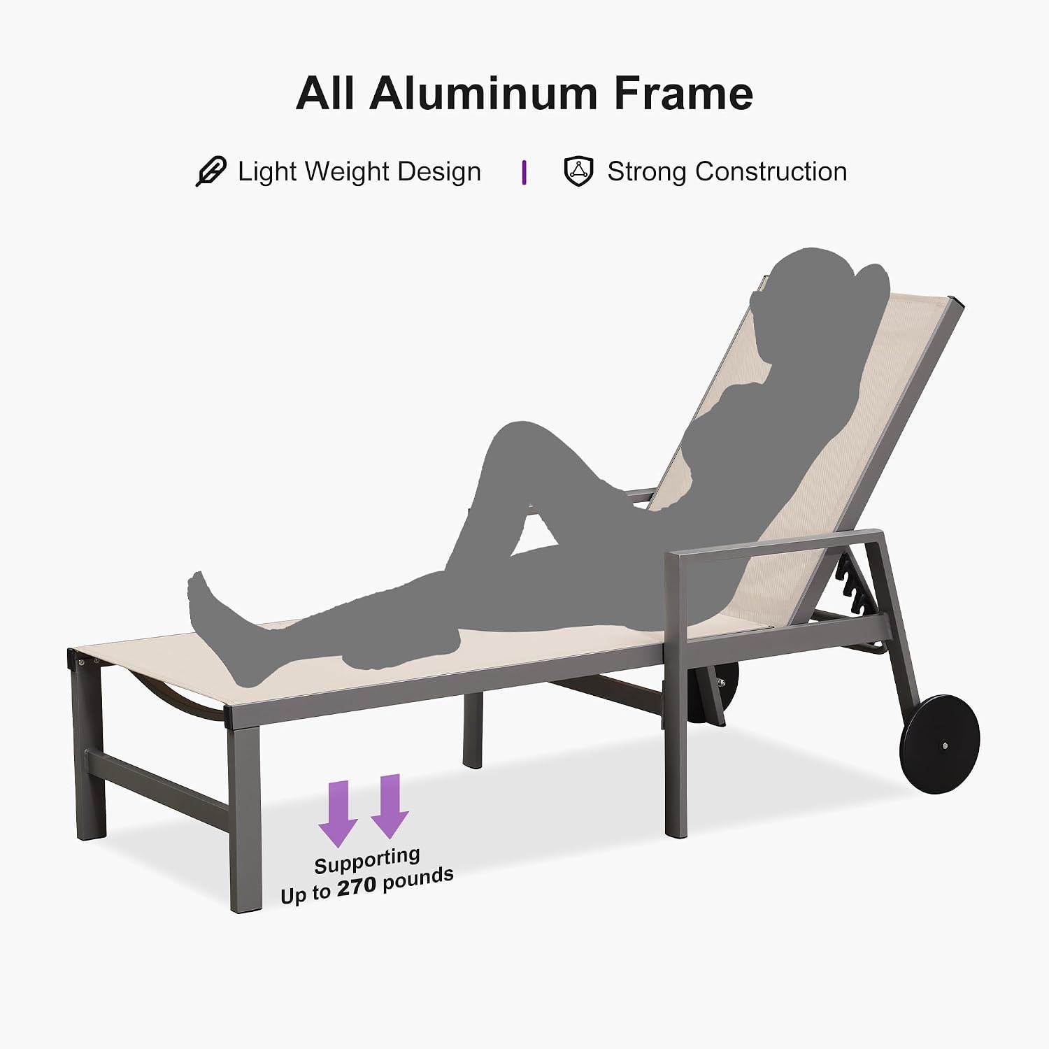 PURPLE LEAF Chaise Lounge Outdoor Set for 2 with Armrest, Khaki | All-aluminum supportive armrests, effortless sitting & standing transitions, stylish design, ultimate outdoor leisure