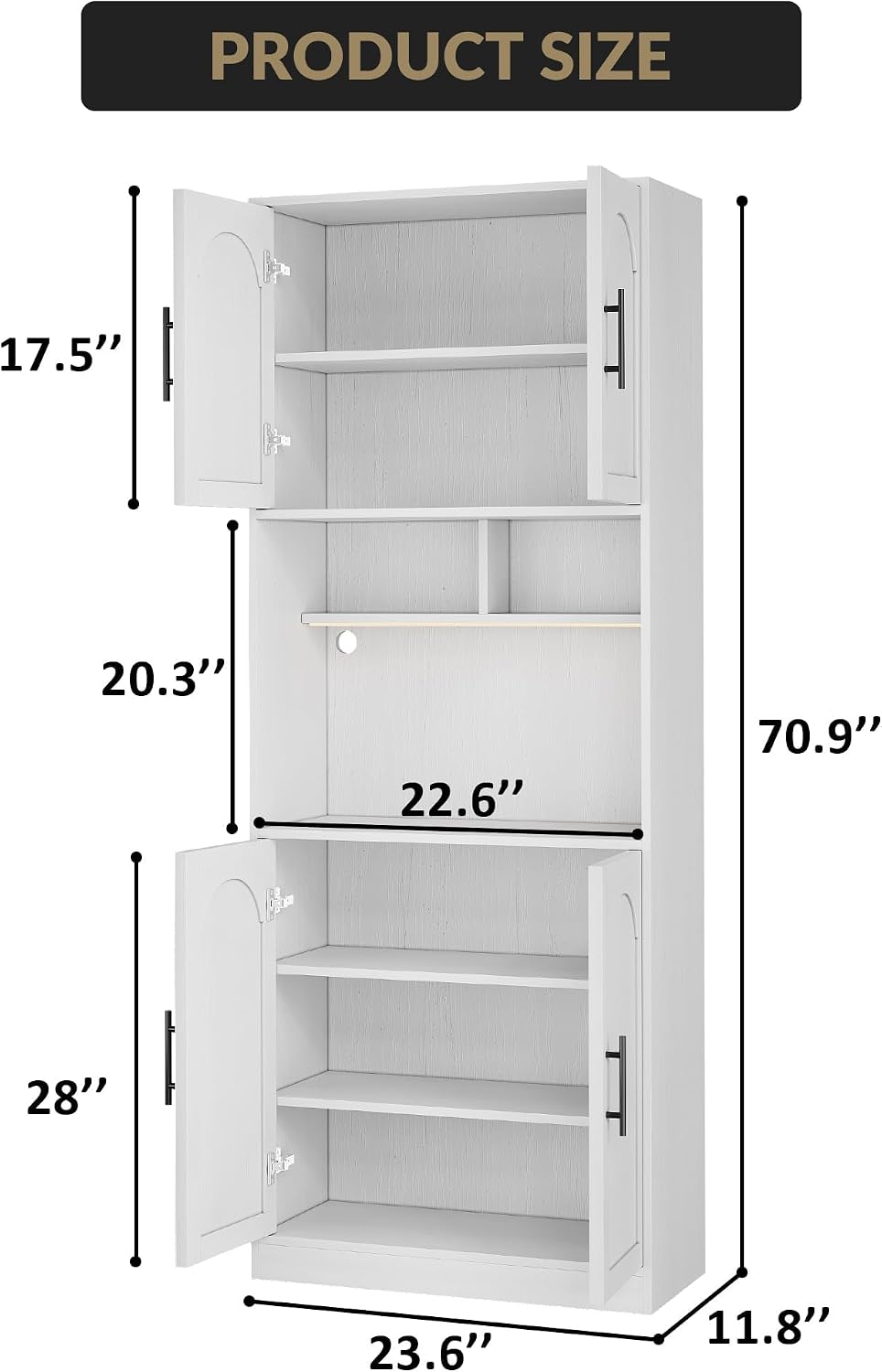 GarveeHome 71" Tall Pantry Cabinet with Countertop, Kitchen Cabinets with LED Light Strip & Microwave Shelf, Kitchen Hutch Storage Cabinet with Adjustable Shelves for Dining Room, White