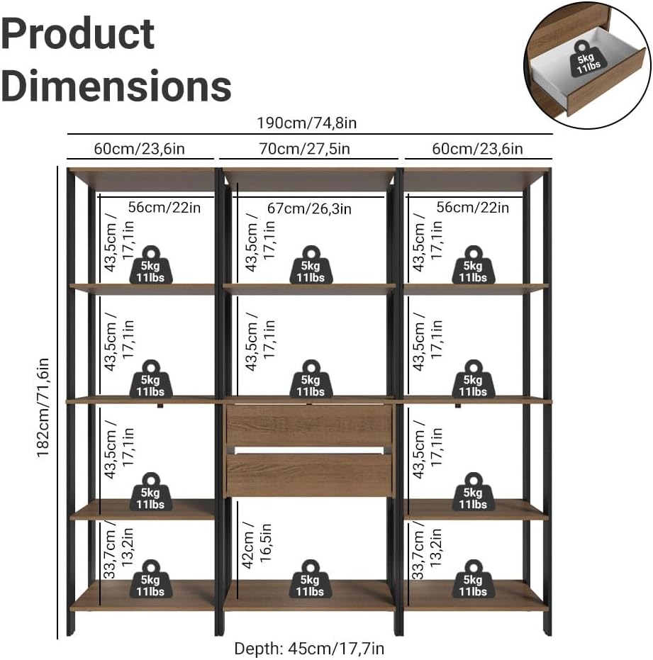 Madesa Kitchen Pantry Storage Rack with 2 Drawers and Open Shelves 74" L Multiuse Modular Cabinet for Kitchen Organization - Black/Brown