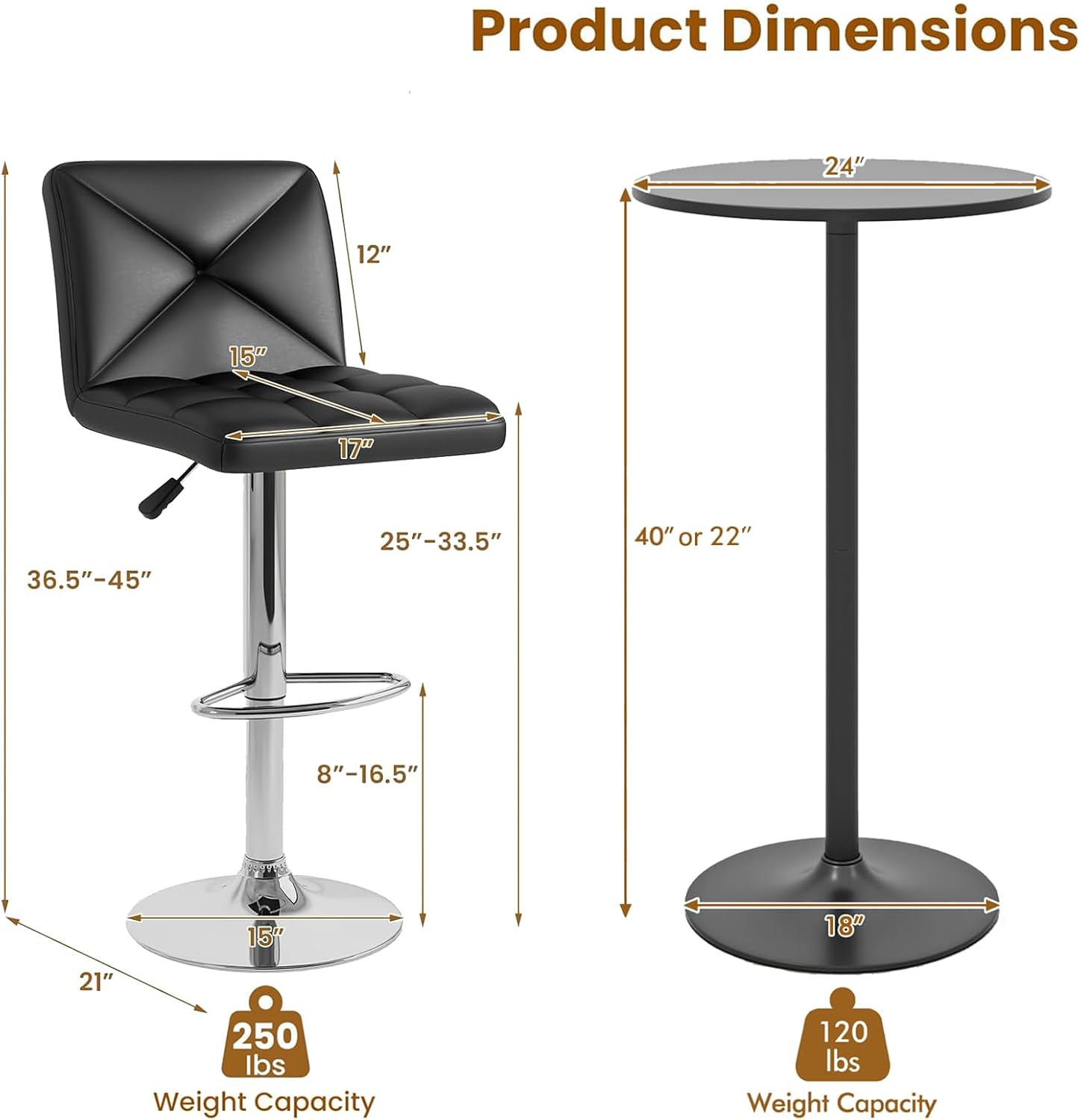 COSTWAY 3 Pieces Bar Table Set, Counter Height Table Set with 2 Bar Stools | Round Cocktail Table and PU Leather Adjustable Swivel Chairs, for Small Space, Kitchen, Office (Black+Black)