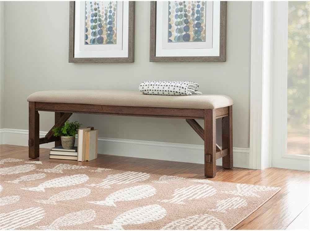 Pemberly Row 60" Wood/Fabric Bench, Rustic Umber Brown Finish, Tan Upholstered Seat, Durable Rubberwood Construction, Transitional Style Bench for Dining Room or Entryway Seating