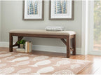 Pemberly Row 60" Wood/Fabric Bench, Rustic Umber Brown Finish, Tan Upholstered Seat, Durable Rubberwood Construction, Transitional Style Bench for Dining Room or Entryway Seating