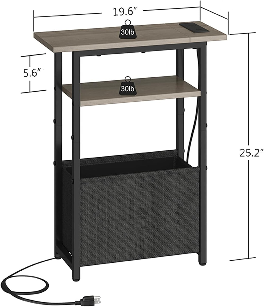 sthmec Narrow Side Table with Charging Station Set of 2, Small End Table for Small Spaces, Skinny Nightstands Set 2 with Storage Basket, 3 Tier Sofa Bedside Tables for Living Room,Bedroom, Grey