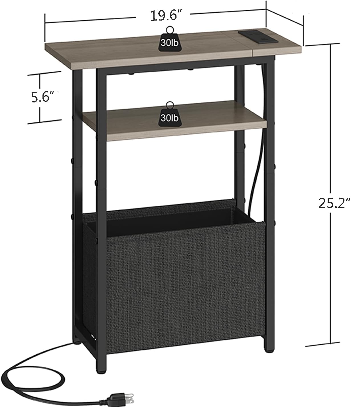 sthmec Narrow Side Table with Charging Station Set of 2, Small End Table for Small Spaces, Skinny Nightstands Set 2 with Storage Basket, 3 Tier Sofa Bedside Tables for Living Room,Bedroom, Grey