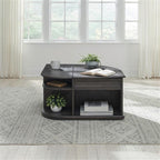 Pemberly Row 3 Piece Table Set, Rubberwood and Oak Veneers, Aged Oak Finish, Includes Cocktail Table with Lift Tops and Casters, 2 End Tables with Drawers, Antique Pewter Knobs, Living Room Furniture
