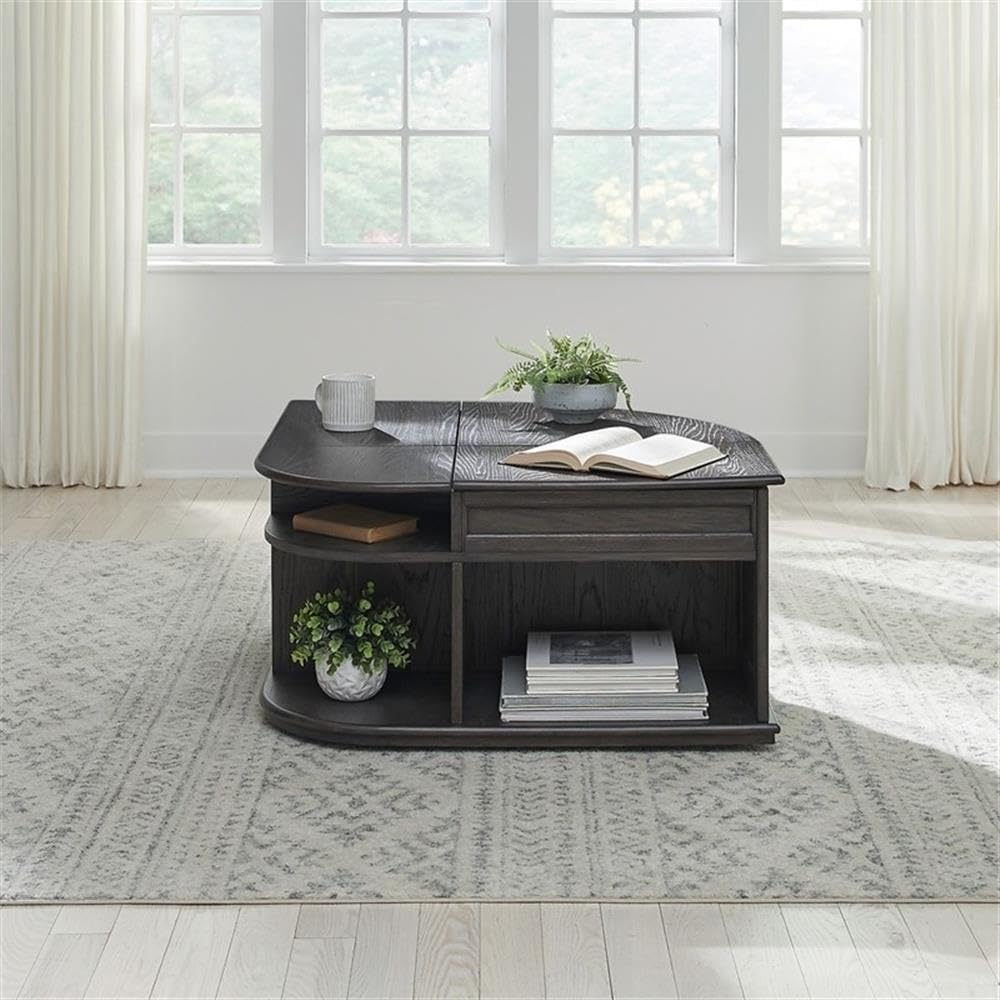 Pemberly Row 3 Piece Table Set, Rubberwood and Oak Veneers, Aged Oak Finish, Includes Cocktail Table with Lift Tops and Casters, 2 End Tables with Drawers, Antique Pewter Knobs, Living Room Furniture