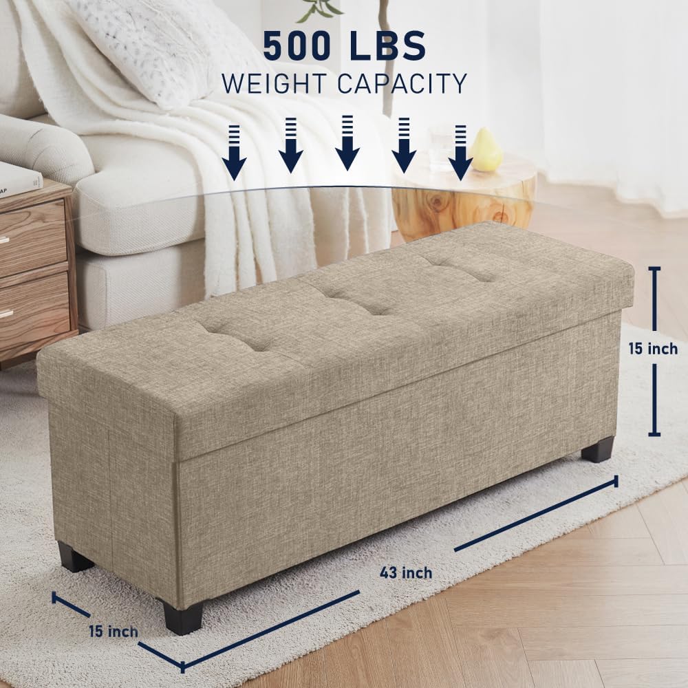 Ornavo Home 43 Inch Storage Ottoman, Large Storage Bench, Ottoman with Storage with Legs, Foot Rest Stool, Bedroom Bench - Tan/Taupe