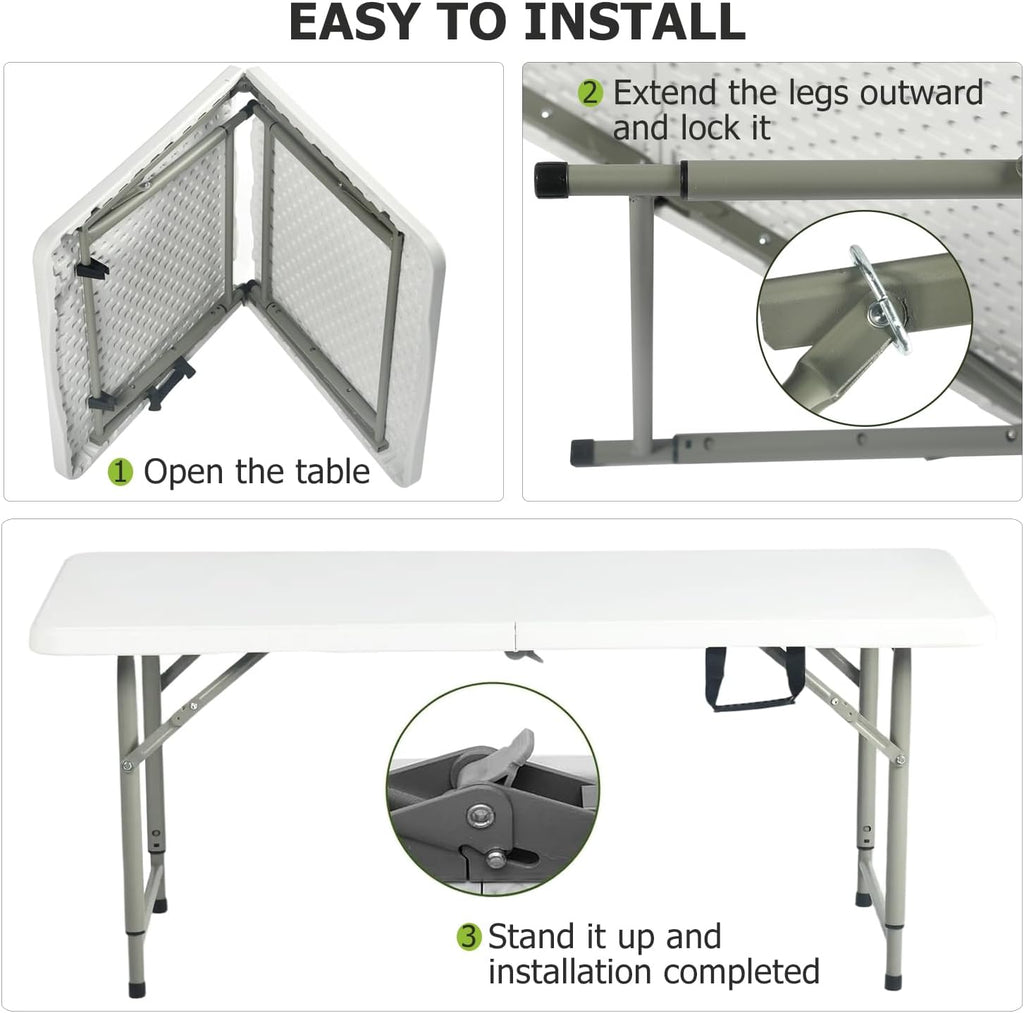 FurnitureR Adjustable Folding Table 4FT, Plastic Utility Table with 3 Height Settings, Fold-in-Half with Handle, Foldable and Portable for Indoor Outdoor Picnic Camping Party, White