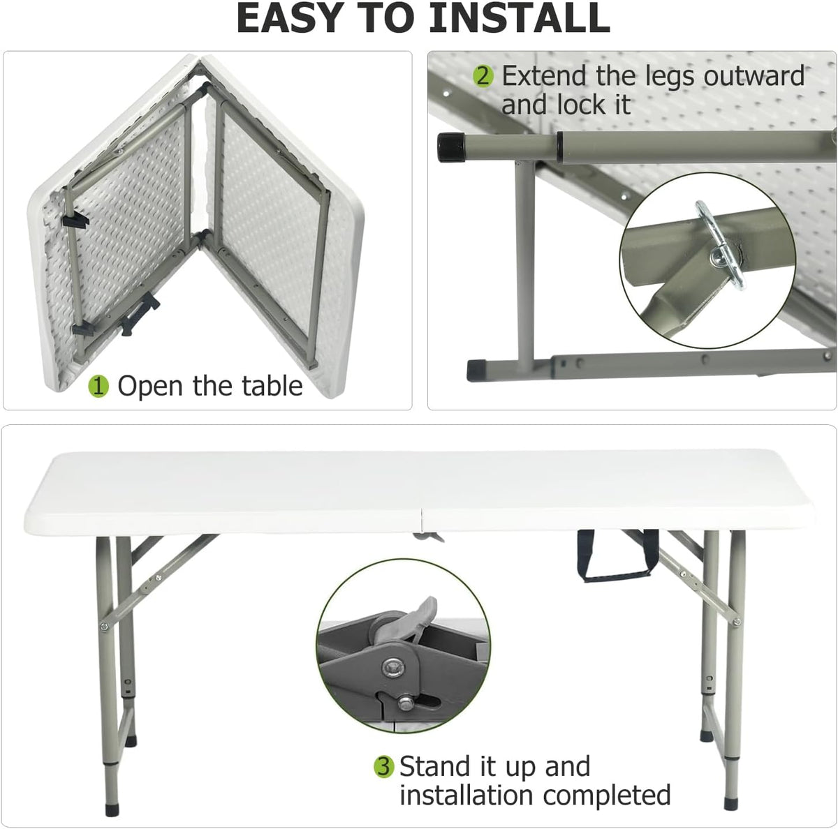 FurnitureR Adjustable Folding Table 4FT, Plastic Utility Table with 3 Height Settings, Fold-in-Half with Handle, Foldable and Portable for Indoor Outdoor Picnic Camping Party, White