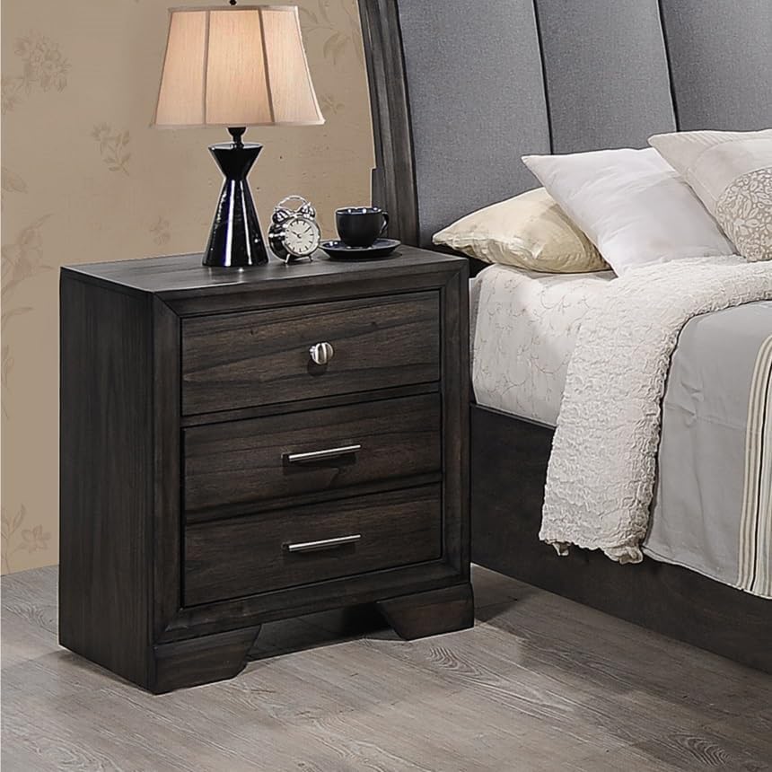 1pc Contemporary Dark Grain Finish Metal Knobs Two-Drawers Nightstand Gray,for Small Spaces