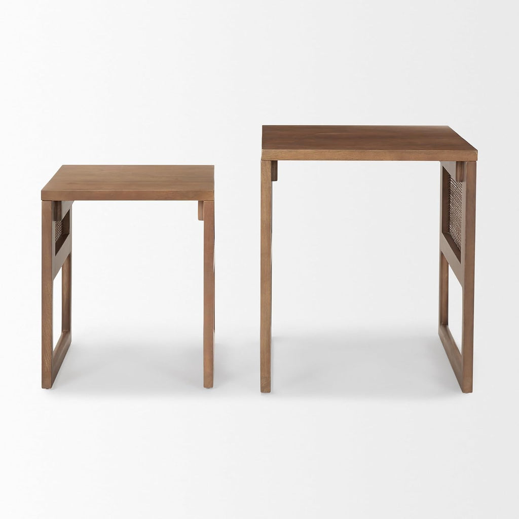 Mercana Grier Set of 2 Medium Brown Solid Wood w/Cane Nesting Accent Tables