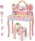 Costzon Kids Vanity Table & Chair Set, 2 in 1 Princess Makeup Dressing Table w/Detachable Top, Toddler Vanity w/Tri-fold Mirror, Drawers & Accessories, Vanity Set for Little Girls, Pink