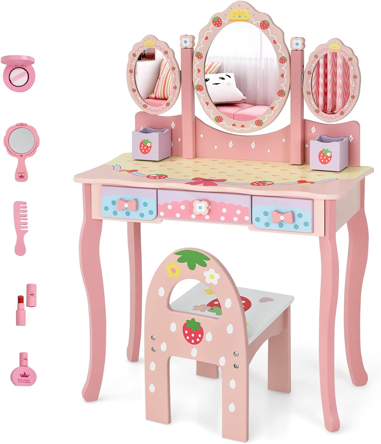 Costzon Kids Vanity Table & Chair Set, 2 in 1 Princess Makeup Dressing Table w/Detachable Top, Toddler Vanity w/Tri-fold Mirror, Drawers & Accessories, Vanity Set for Little Girls, Pink