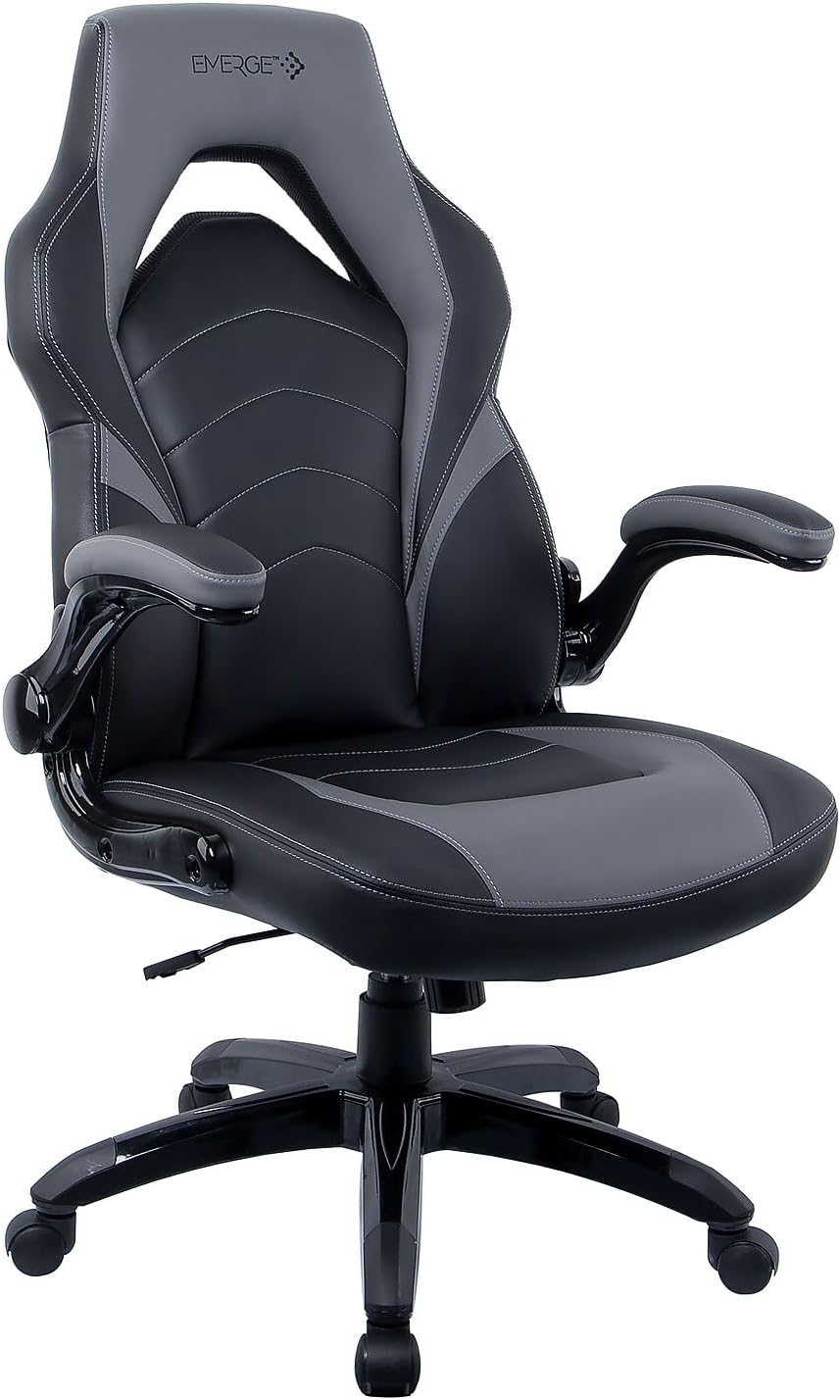 STAPLES Emerge Vortex Gaming Chair, Adjustable Height, Swivel Black | Racing-style design with sturdy swivel base, ideal for gaming or office desk setups.