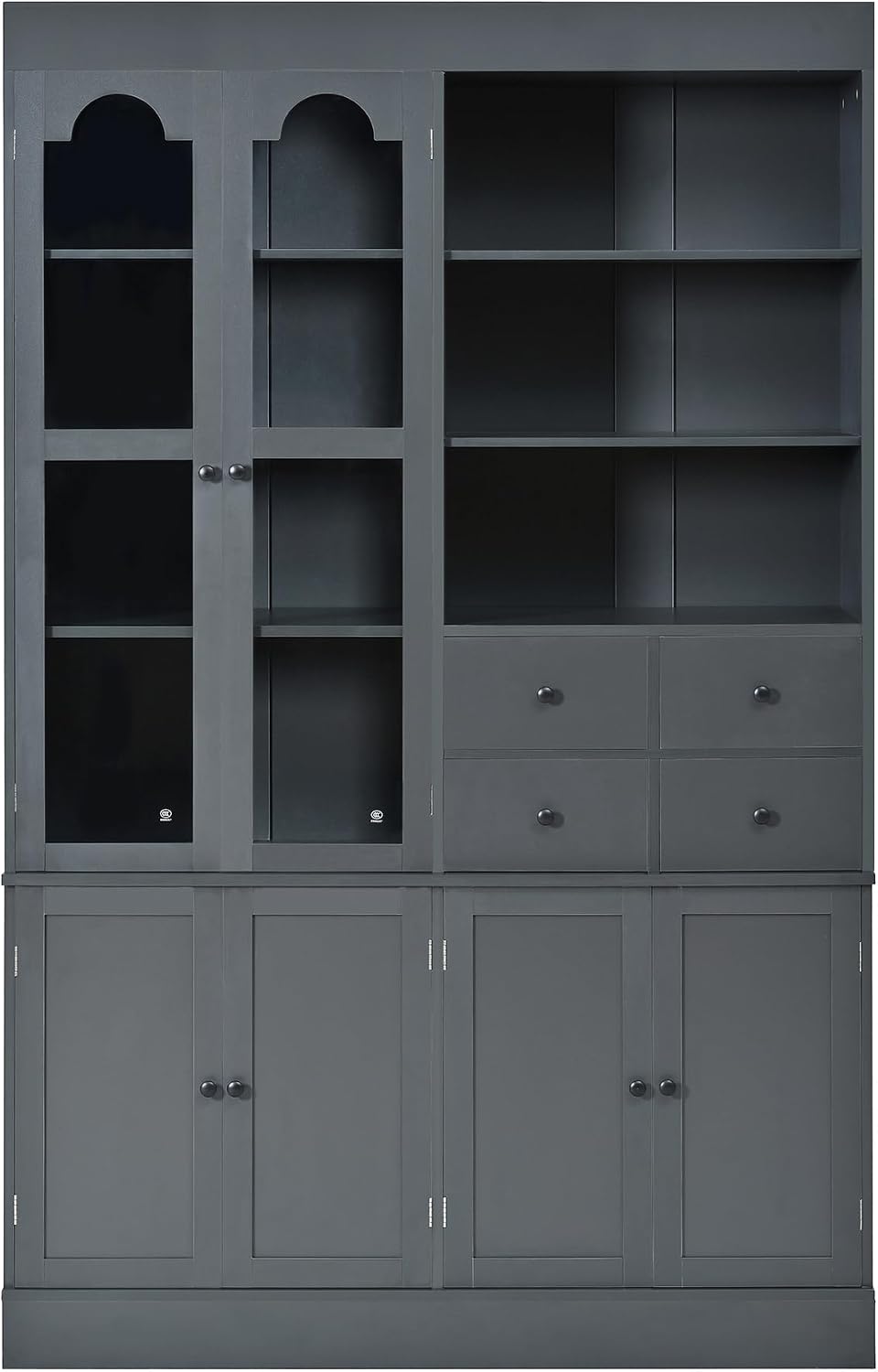 Merax Wood Kitchen Pantry with 4 Drawers, 3 Cabinets and Hutch, Tall Cupboard Dining Storage Cabinet with Door Shelves and Pull-Out Trays for Living Room, Kitchen, Dining Room Gray