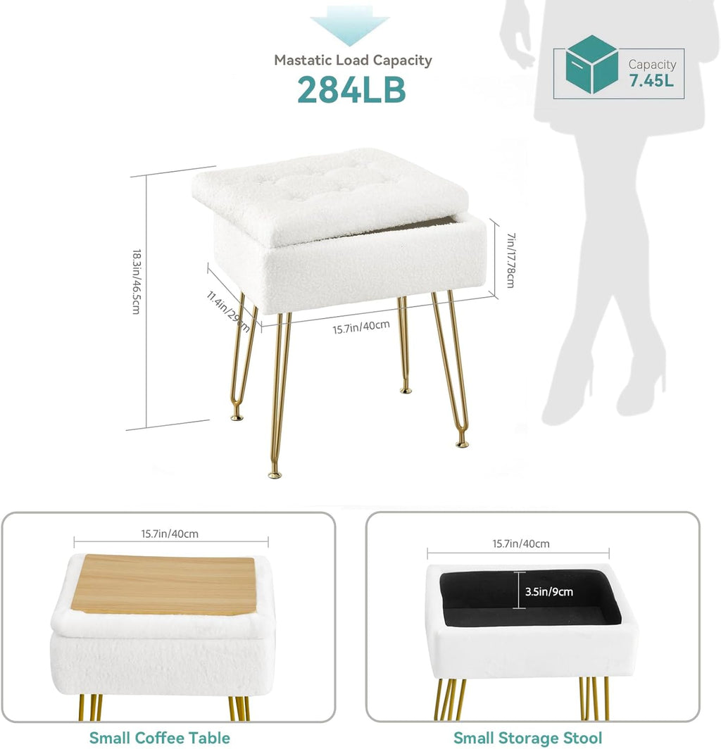 BRIAN & DANY Vanity Stool, Sherpa Vanity Stool Chair with Storage, Rectangle Makeup Chair Soft Padded Seat with Legs for Bedroom (White)