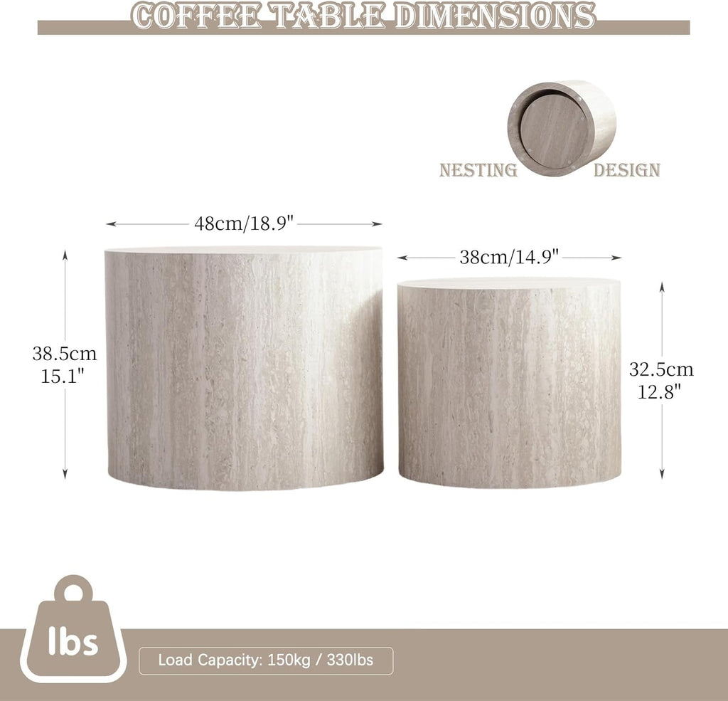 Modern Nesting Coffee Table Set of 2 Round Travertine Finish Nesting Tables Sofa Side Table Small End Table for Living Room, Small Space, No Assembly Required (Grey Travertine)