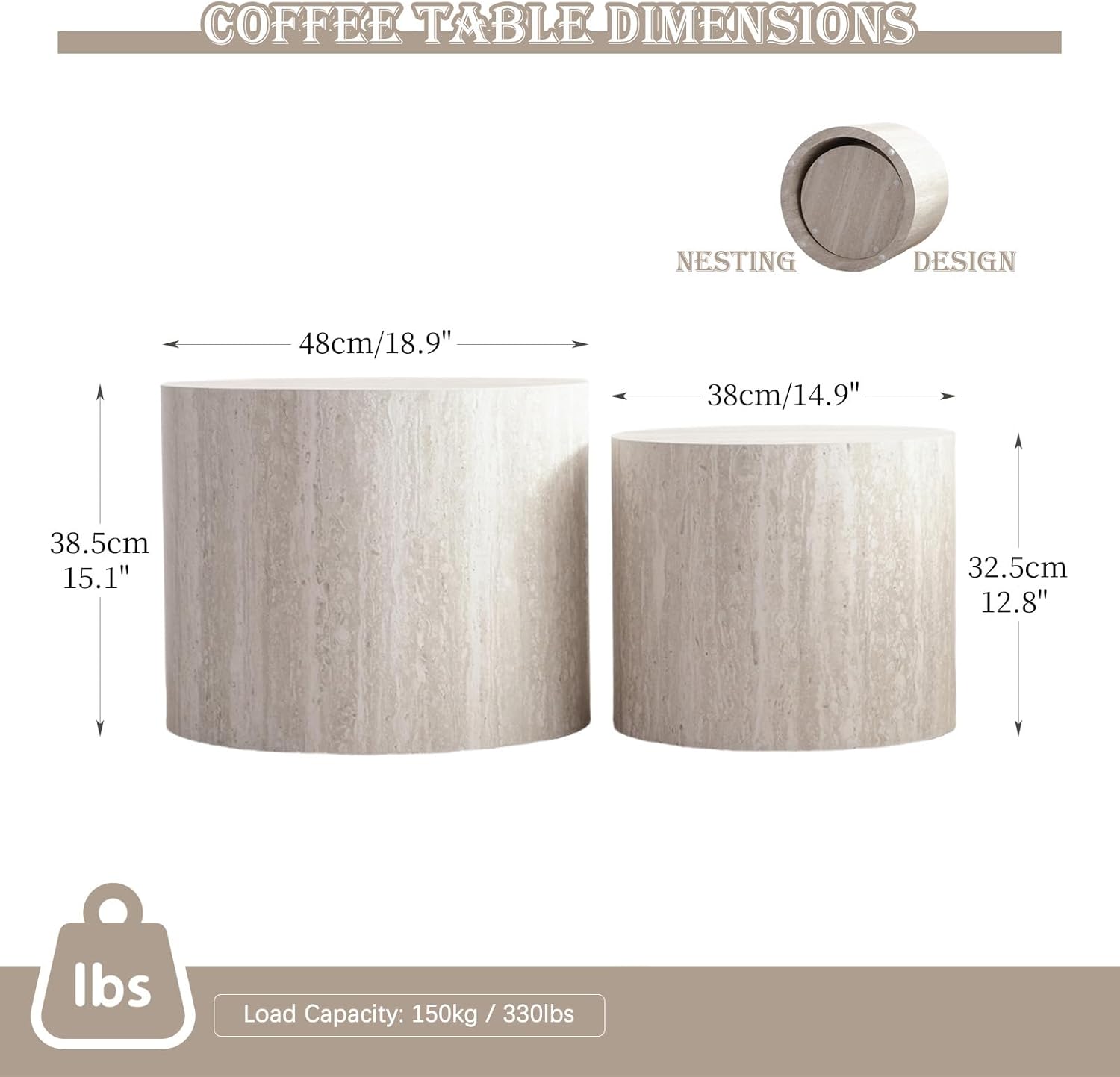 Modern Nesting Coffee Table Set of 2 Round Travertine Finish Nesting Tables Sofa Side Table Small End Table for Living Room, Small Space, No Assembly Required (Grey Travertine)