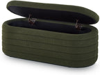 Modern Oval Storage Ottoman Bench, Upholstered Boucle Teddy Fabric End of Bed Bench with Storage, End of Bed Stool with Safety Hinge for Bedroom, Living Room, Entryway, Dark Green