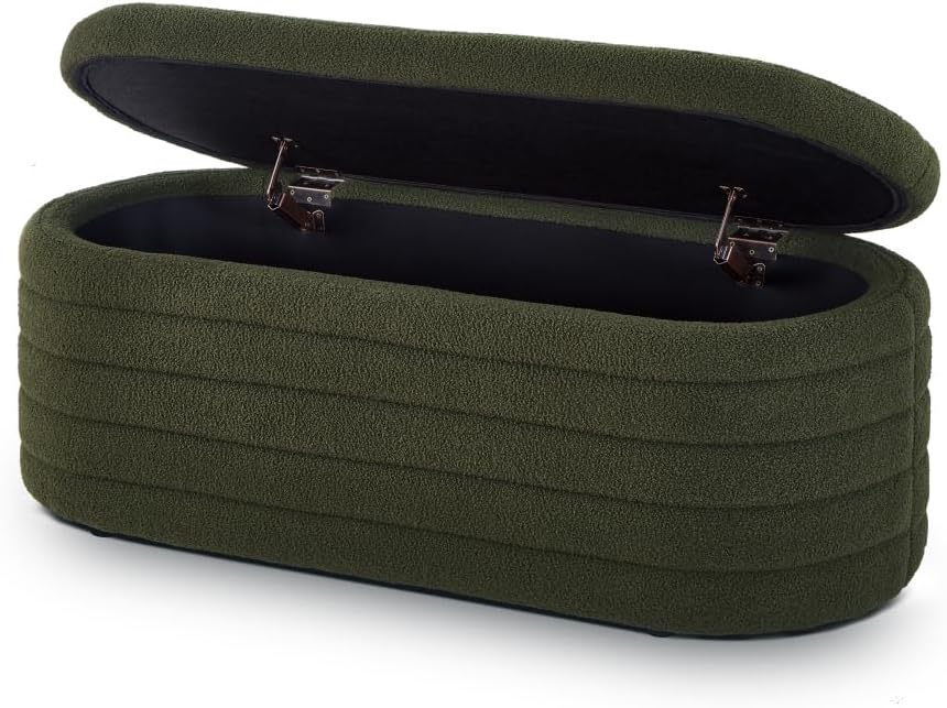 Modern Oval Storage Ottoman Bench, Upholstered Boucle Teddy Fabric End of Bed Bench with Storage, End of Bed Stool with Safety Hinge for Bedroom, Living Room, Entryway, Dark Green