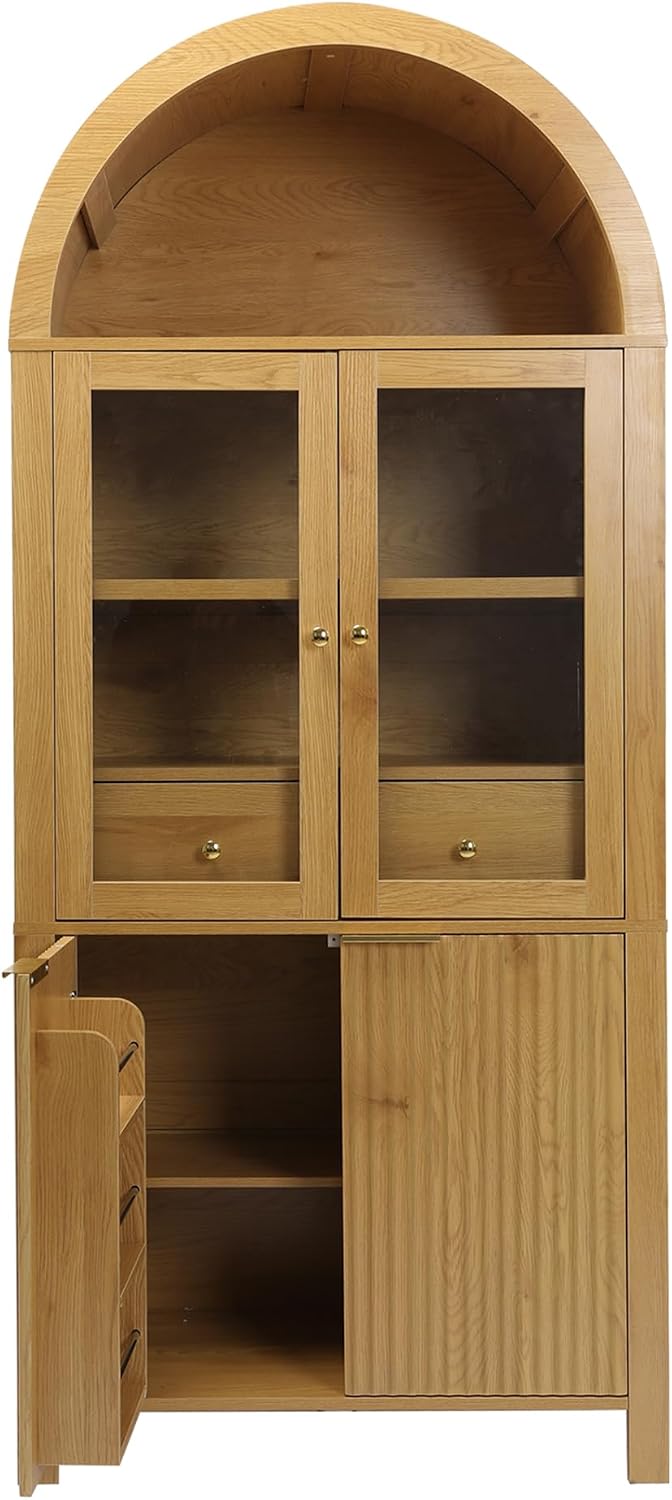 SOFTSEA 71" Tall Kitchen Pantry Cabinet with Adjustable Shelves, Fluted Arched Cupboard Cabinet with Hidden Drawer & Glass Door, Kitchen Hutch with Door Shelves for Dining Room, Oak