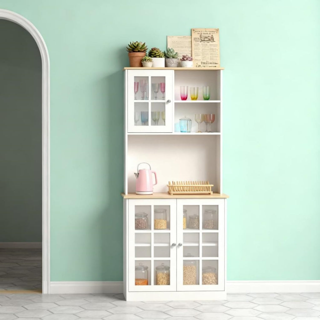 Oak+White Large Countertop Kitchen Pantry Cabinet, Freestanding Storage Cabinet with Hutch & Glass Doors, Adjustable Shelves Cabinet for Kitchen Living Room, 31.5x14.5x72 Inches
