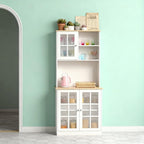 Oak+White Large Countertop Kitchen Pantry Cabinet, Freestanding Storage Cabinet with Hutch & Glass Doors, Adjustable Shelves Cabinet for Kitchen Living Room, 31.5x14.5x72 Inches