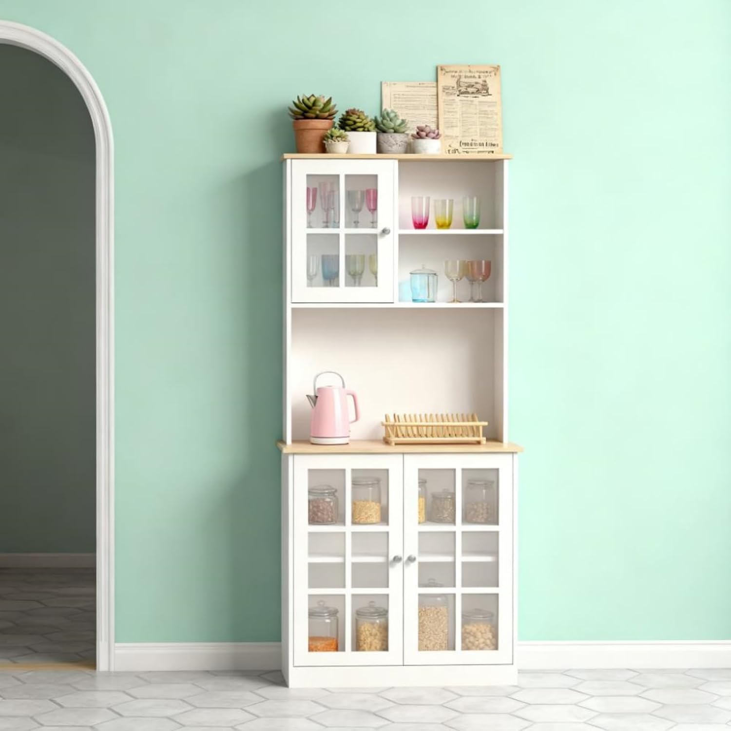 Oak+White Large Countertop Kitchen Pantry Cabinet, Freestanding Storage Cabinet with Hutch & Glass Doors, Adjustable Shelves Cabinet for Kitchen Living Room, 31.5x14.5x72 Inches
