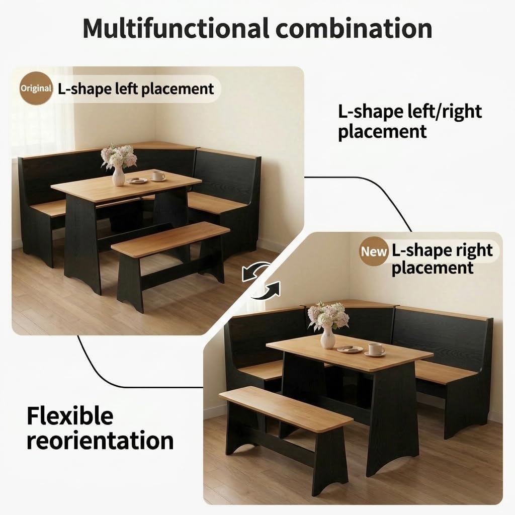 Farmhouse Breakfast Nook Table Set, Dining Nook Set with Corner Bench,with Storage Function Mid Century Modern Small Dining Table Set, Kitchen Table Corner Set (Yellow + Black)