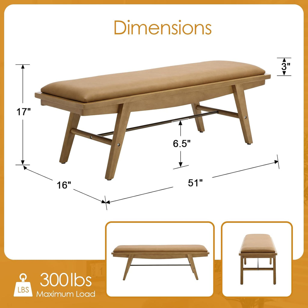 51'' Entryway Bench Leather Upholstered Shoe Benches Farmhouse Dining Table Benches for for Hallway Living Room Bedroom End of Bed, Brown