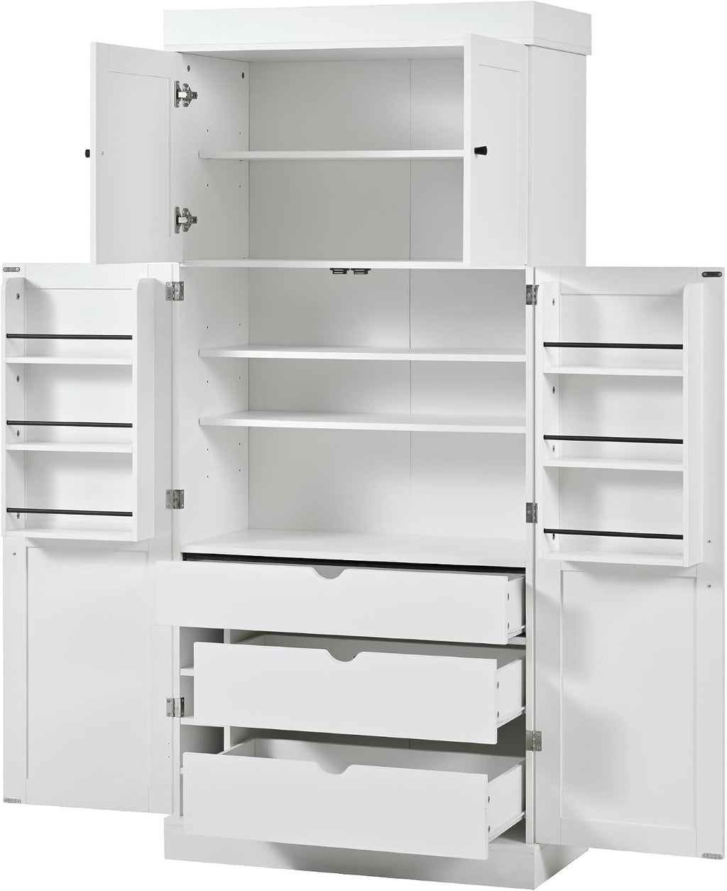 Large Freestanding Kitchen Pantry Cabinet, Cupboard Storage Cabinet with Adjustable Shelves, Door Shelves, Drawers and Wine Racks for Kitchen, Dining Room (White)