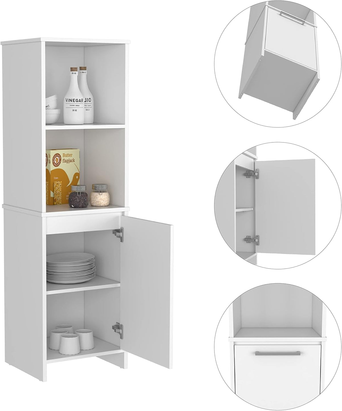Eiffel Kitchen Pantry with Two External Shelves & Two Interior Storage, Single Door Cabinet, White