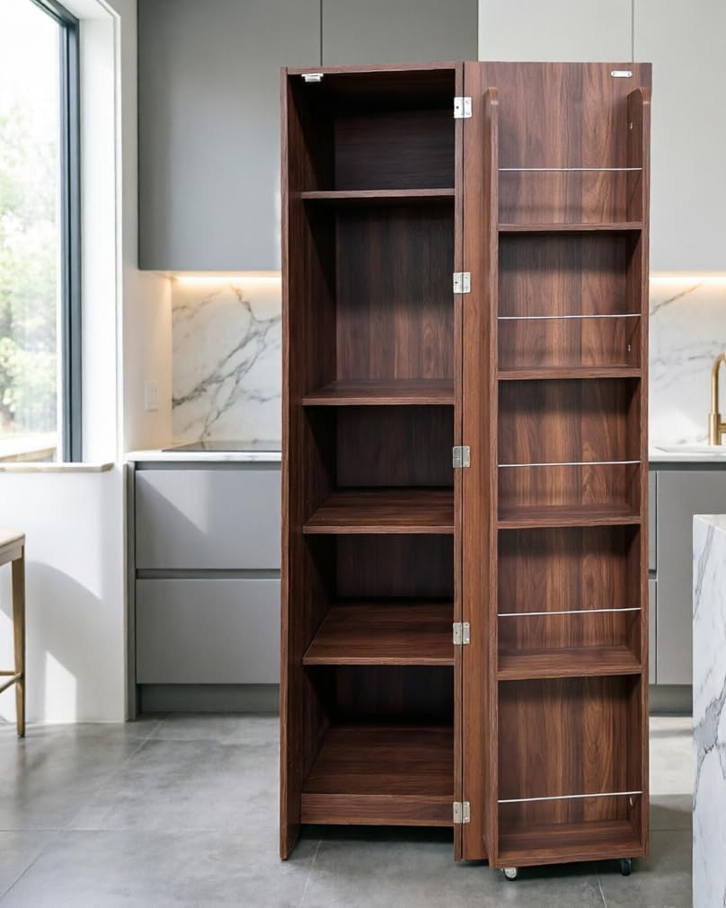 Brown Freestanding Kitchen Pantry Cabinet with Doors & Shelves - 5-Tier Storage Cupboard & Sideboard Buffet with Adjustable Shelves, Wood Grain Pantry Organizer for Kitchen, Dining Room, Living Room