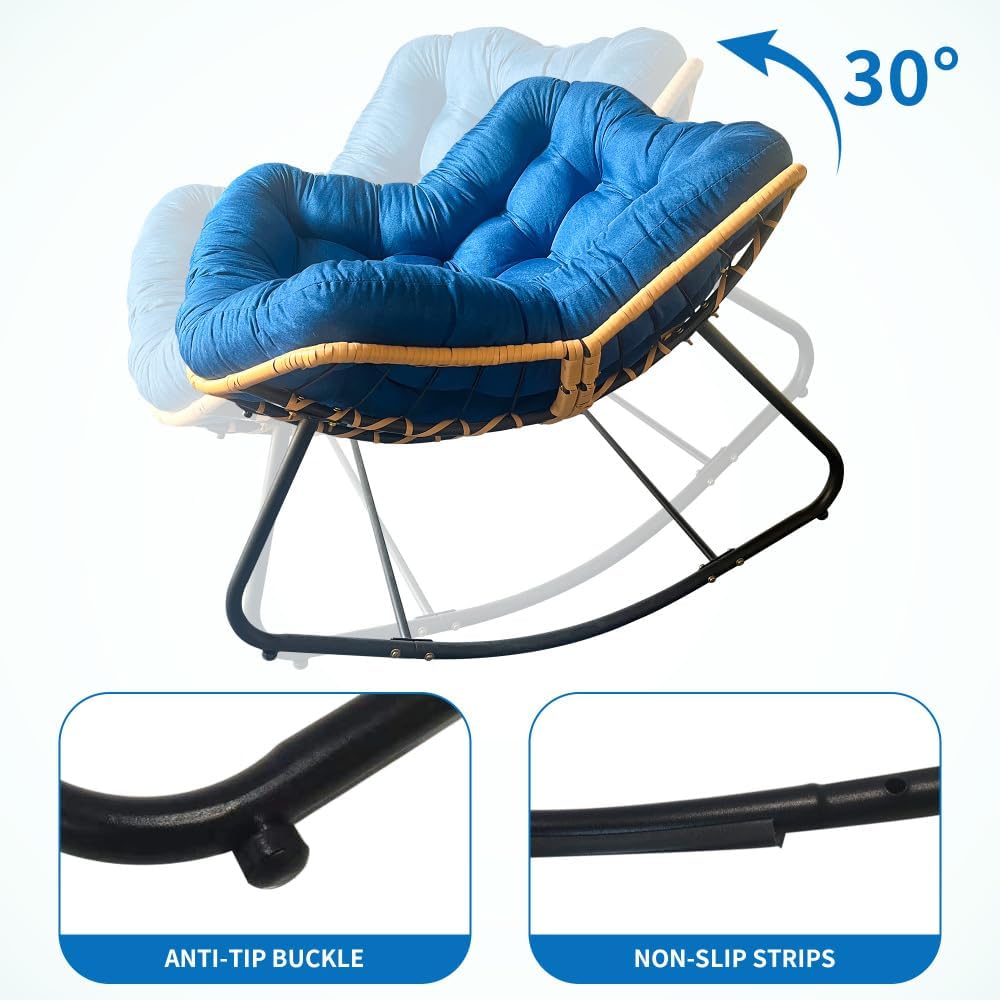 Larger Outdoor Rocking Chair, Rattan Wicker Lounge Chair, for Bedroom, Living Room, Porch, Garden,Lawn-Beige (Black+Blue + Metal + Cotton)