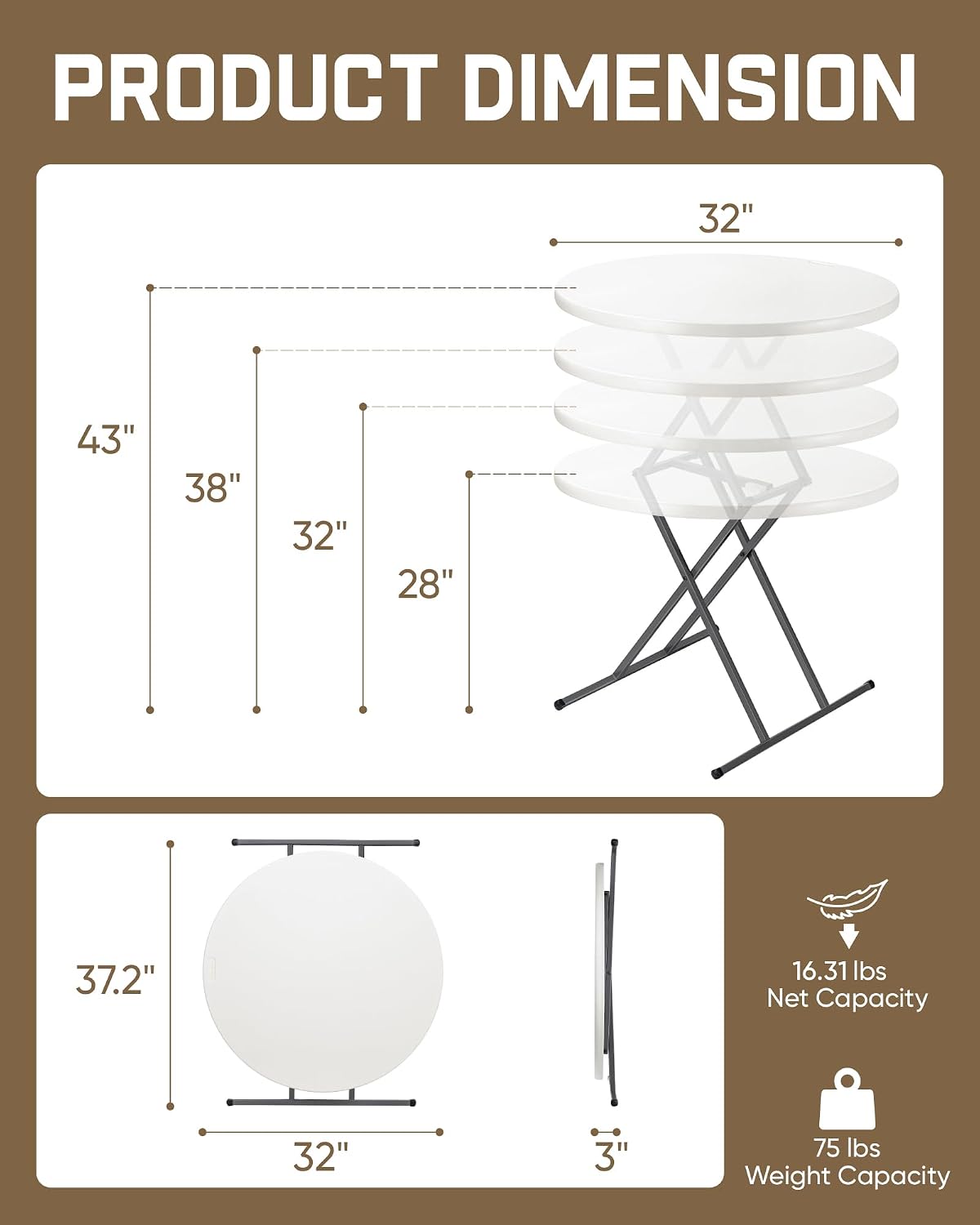 FanttikOutdoor Folding Table Round 32" Quick Adjust 4 Heights Party, Patio | One-Handed Adjustable Tall Bistro Foldable Bar Height Table, Cocktail, Backyard, Dining, Wedding, White Zeta O3 Pro