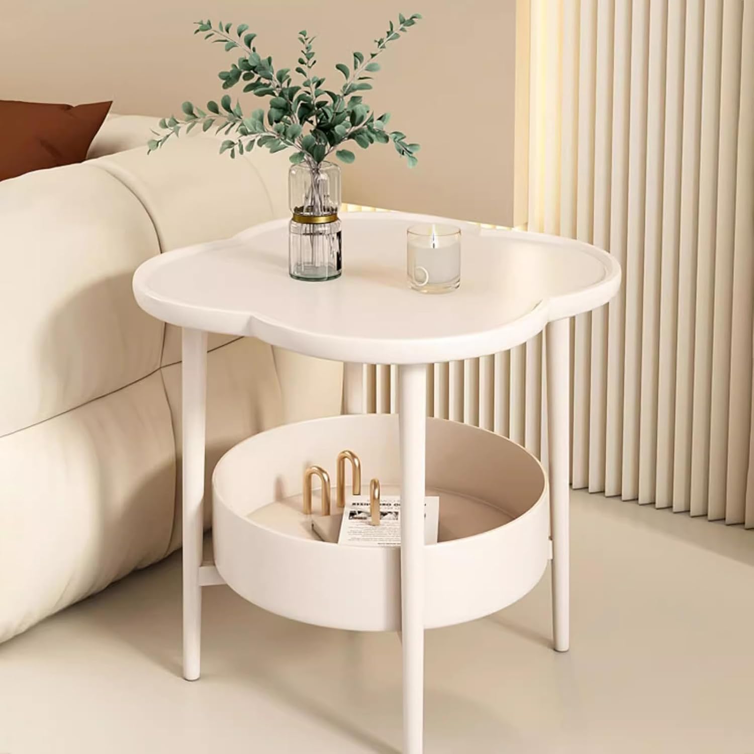 2 Tier Round Side Table, End Table with Storage Shelf, Small Round Nightstand for Living Room, Sofa Coffee Table, End Tables Indoor Outdoor for Small Spaces Bedroom Balcony Office