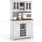 Moccha Kitchen Hutch with Storage, Farmhouse Buffet Cabinet Cupboard with Glass Doors, Drawers, Wine Rack, Adjustable Shelves, Pantry Storage Cabinet Sideboard for Living Room, Dining Room, White