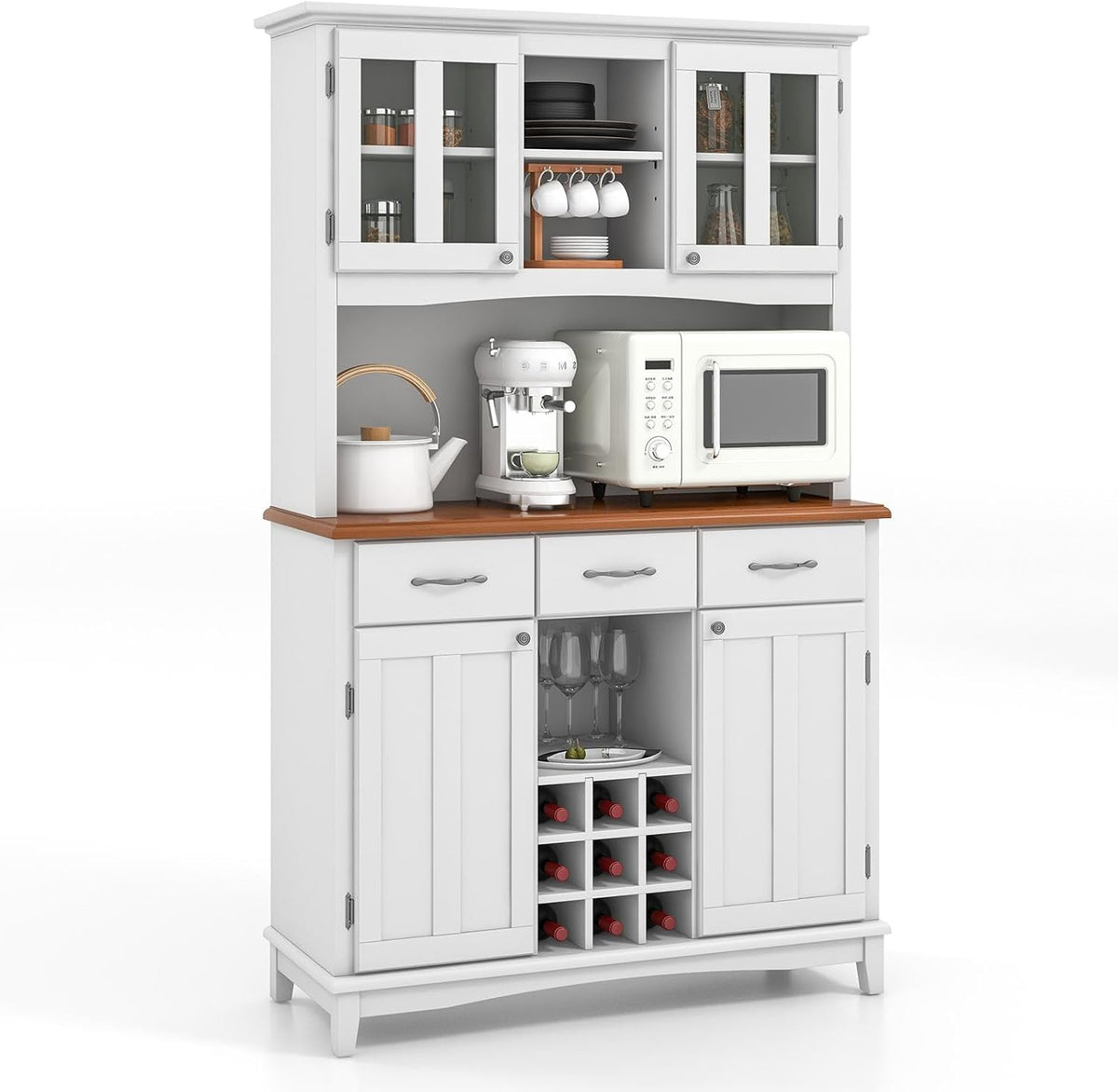 Moccha Kitchen Hutch with Storage, Farmhouse Buffet Cabinet Cupboard with Glass Doors, Drawers, Wine Rack, Adjustable Shelves, Pantry Storage Cabinet Sideboard for Living Room, Dining Room, White