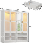 4 Doors Armoire Wardrobe Closet with LED and Mirror,71" H Freestanding Wooden Wardrobe Closet Cabinet for Bedroom w 2 Drawers,Wooden Clothing Storage Cabinet w Hanging Rod,Closets for Bedroom(White)
