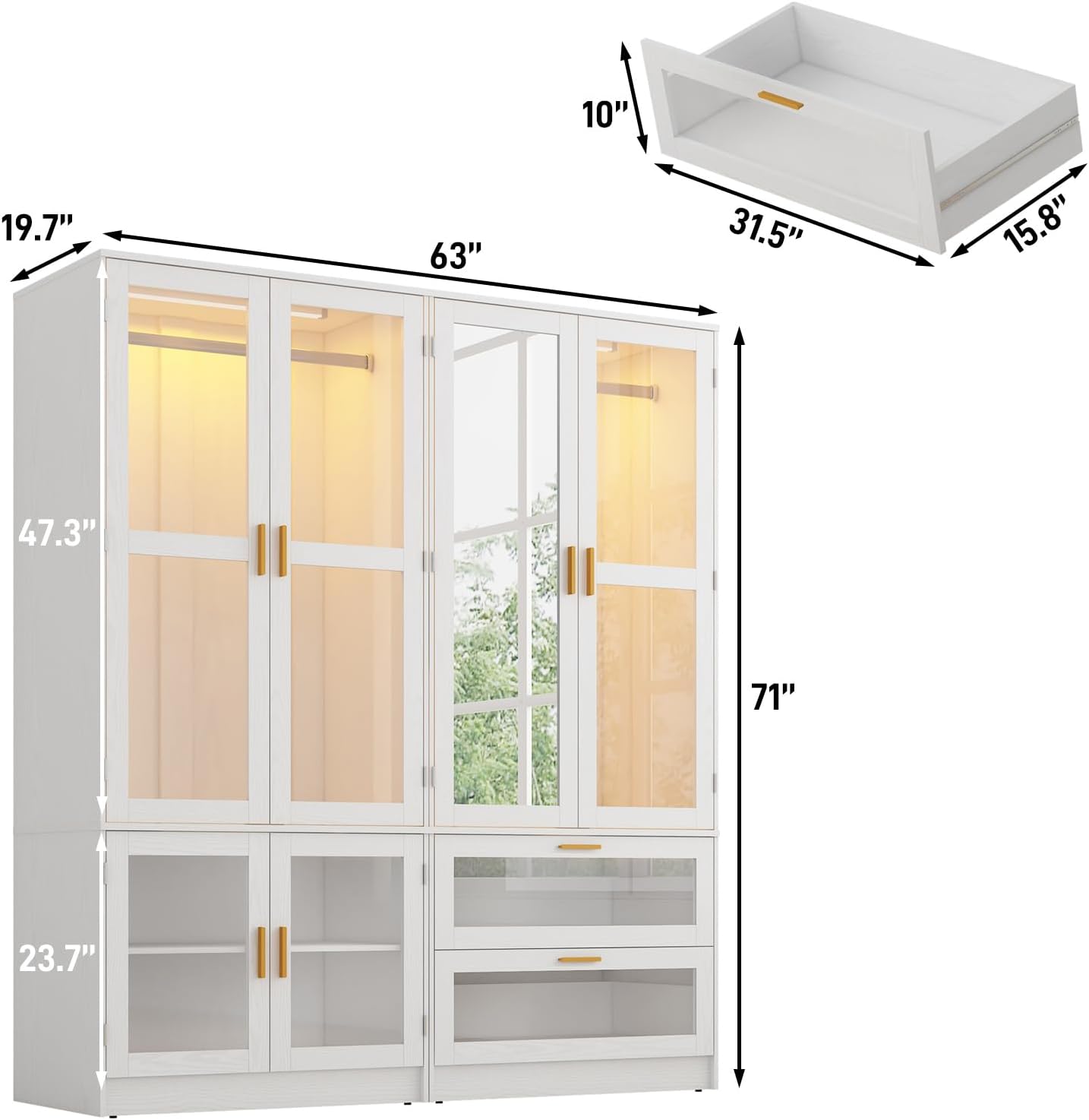 4 Doors Armoire Wardrobe Closet with LED and Mirror,71" H Freestanding Wooden Wardrobe Closet Cabinet for Bedroom w 2 Drawers,Wooden Clothing Storage Cabinet w Hanging Rod,Closets for Bedroom(White)