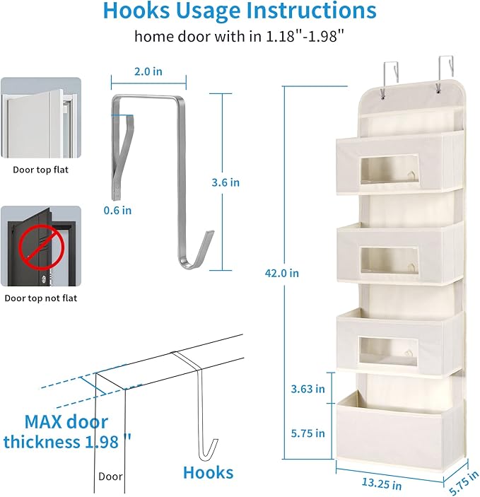 MAX Houser 4-Shelf Over The Door Hanging Organizer with 2 Metal Hooks, 4 Pocket Swing-Proof Behind Door Organizers with Clear Windows for Nursery Bathroom Closet,Dorm,Baby Diapers, Kids Toys (Beige)