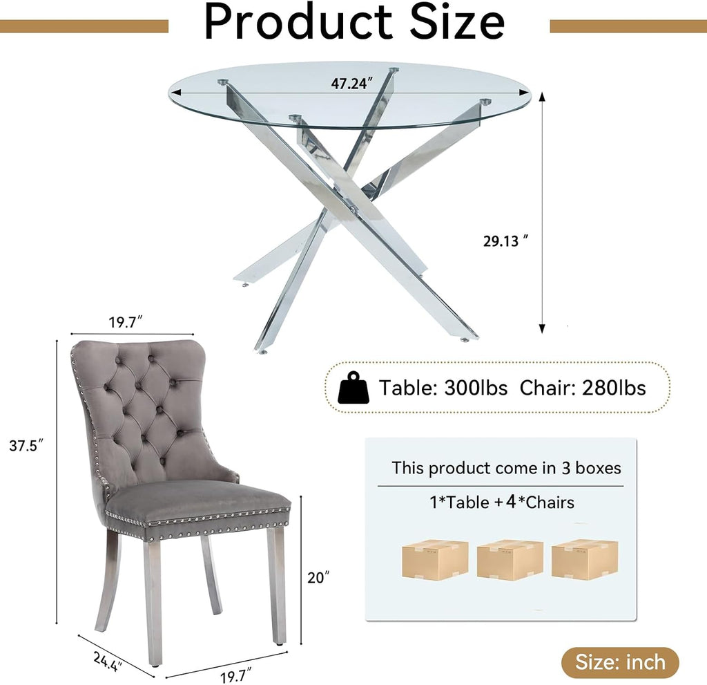 Round Glass Dining Table Set for 4, Small Kitchen Table Set for 4, 47" Round Glass Table and Chairs Set of 4, 5 Piece Round Dining Room Table Set with Grey Velvet Chairs for Breakfast Dinette Cafe