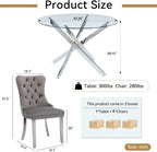 Round Glass Dining Table Set for 4, Small Kitchen Table Set for 4, 47" Round Glass Table and Chairs Set of 4, 5 Piece Round Dining Room Table Set with Grey Velvet Chairs for Breakfast Dinette Cafe