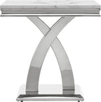 1 Piece Living Room End Table Luxury Faux Marble Sofa Side Table, Modern White Silver End Table with X-Shape Stainless Steel Pedestal Base