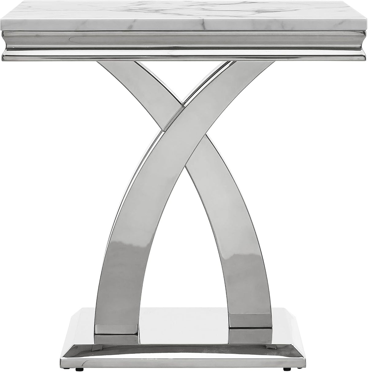 1 Piece Living Room End Table Luxury Faux Marble Sofa Side Table, Modern White Silver End Table with X-Shape Stainless Steel Pedestal Base